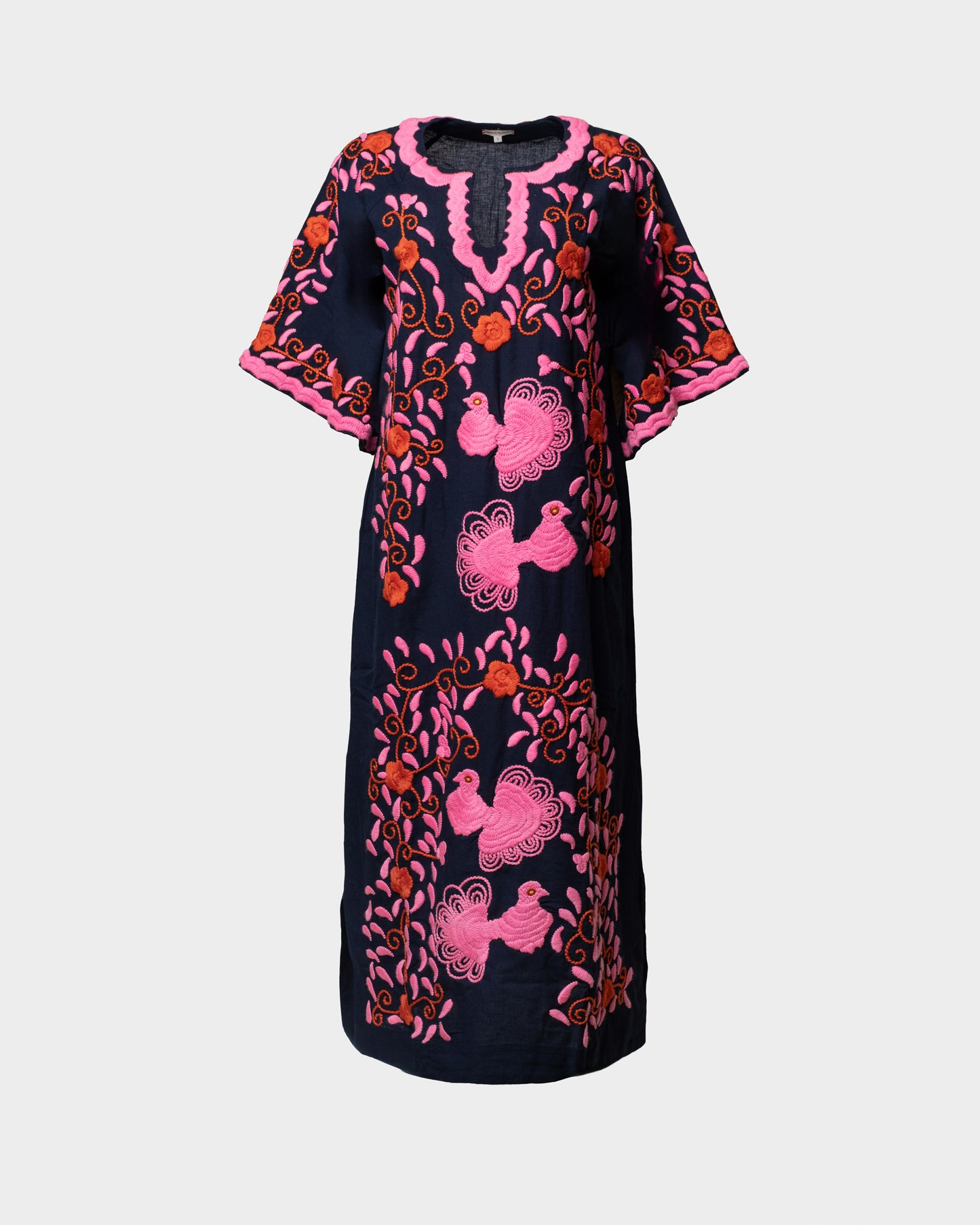 Charming Caftan Peacock Embroidery Cotton Navy/Multi