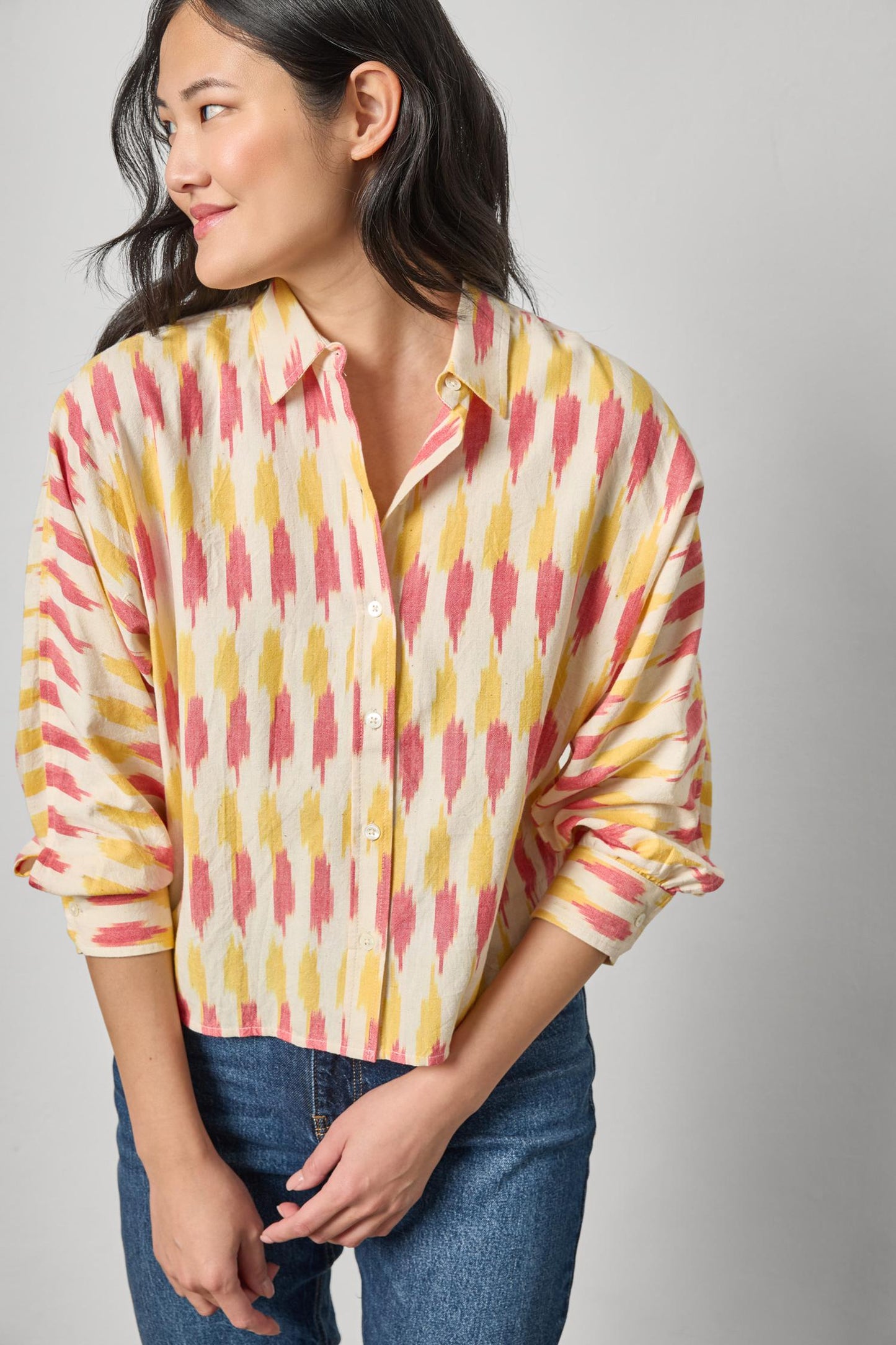 Ikat Dolman Button Down - Taffy