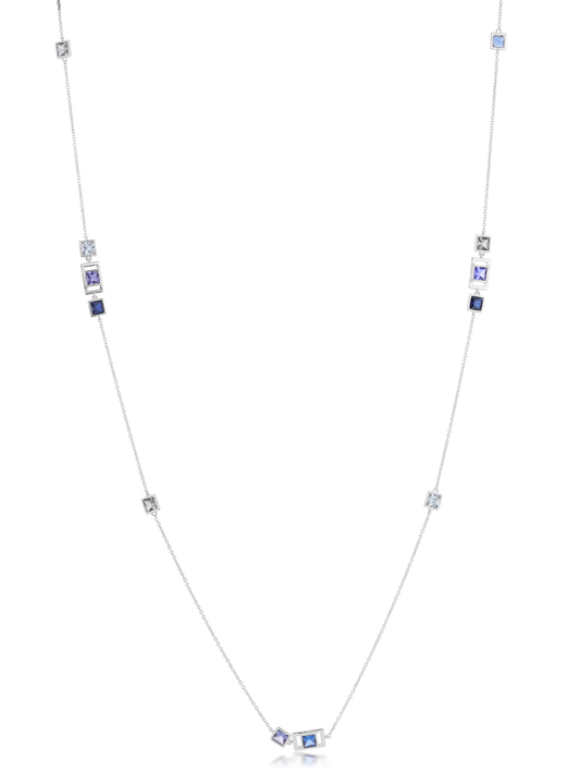 Square Princess Cut Periwinkle Colored Stone Station Necklace 34"