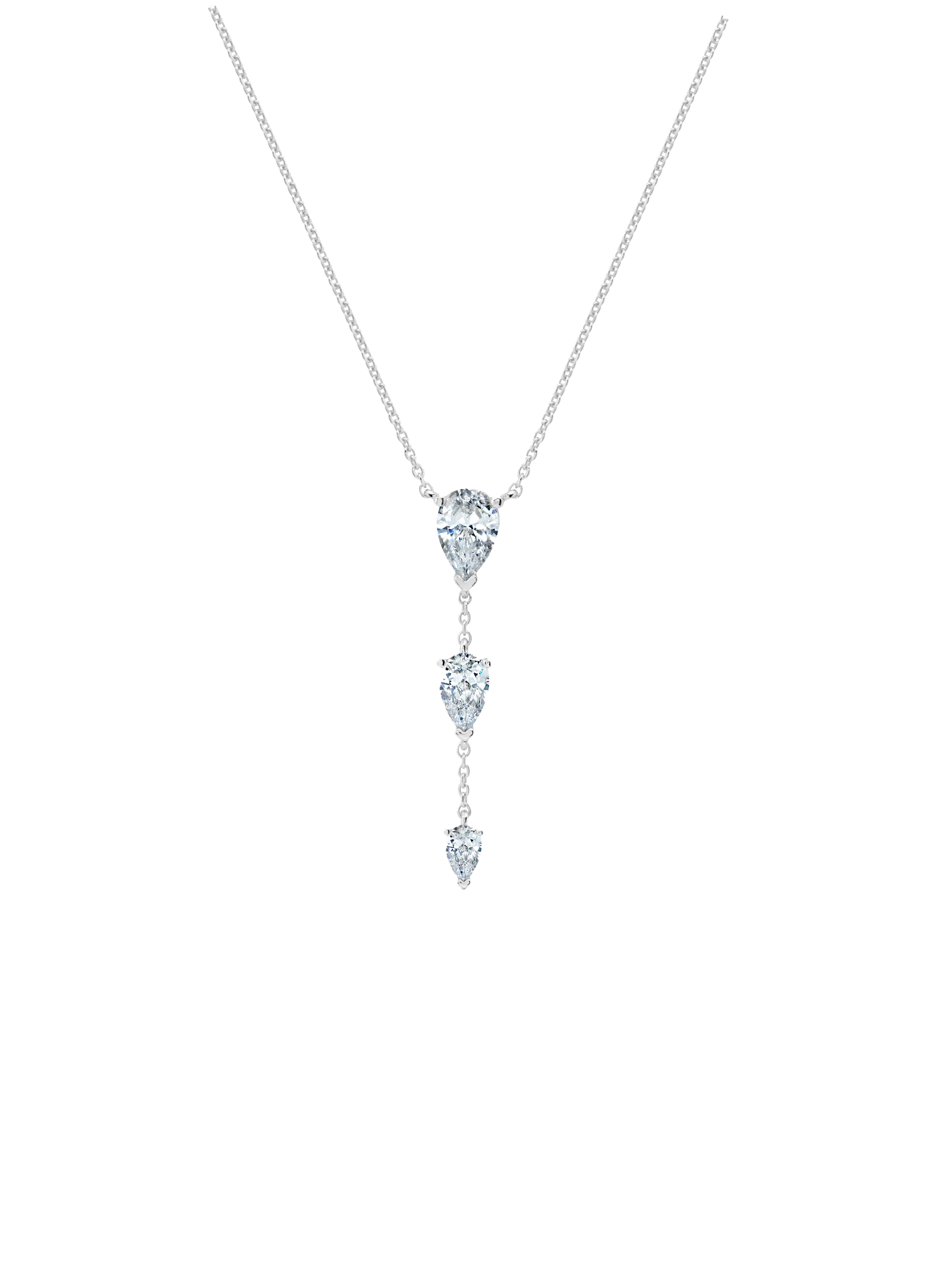 Opulent Drop 16'' Necklace With Three Pear Cut Stones Finished in Pure Platinum.