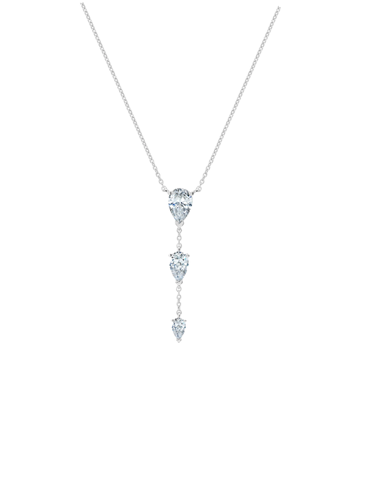 Opulent Drop 16'' Necklace With Three Pear Cut Stones Finished in Pure Platinum. 