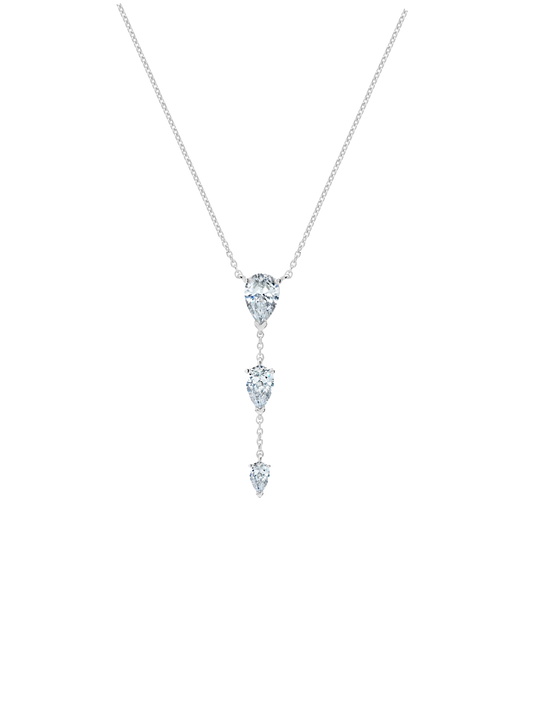 Opulent Drop 16'' Necklace With Three Pear Cut Stones Finished in Pure Platinum.