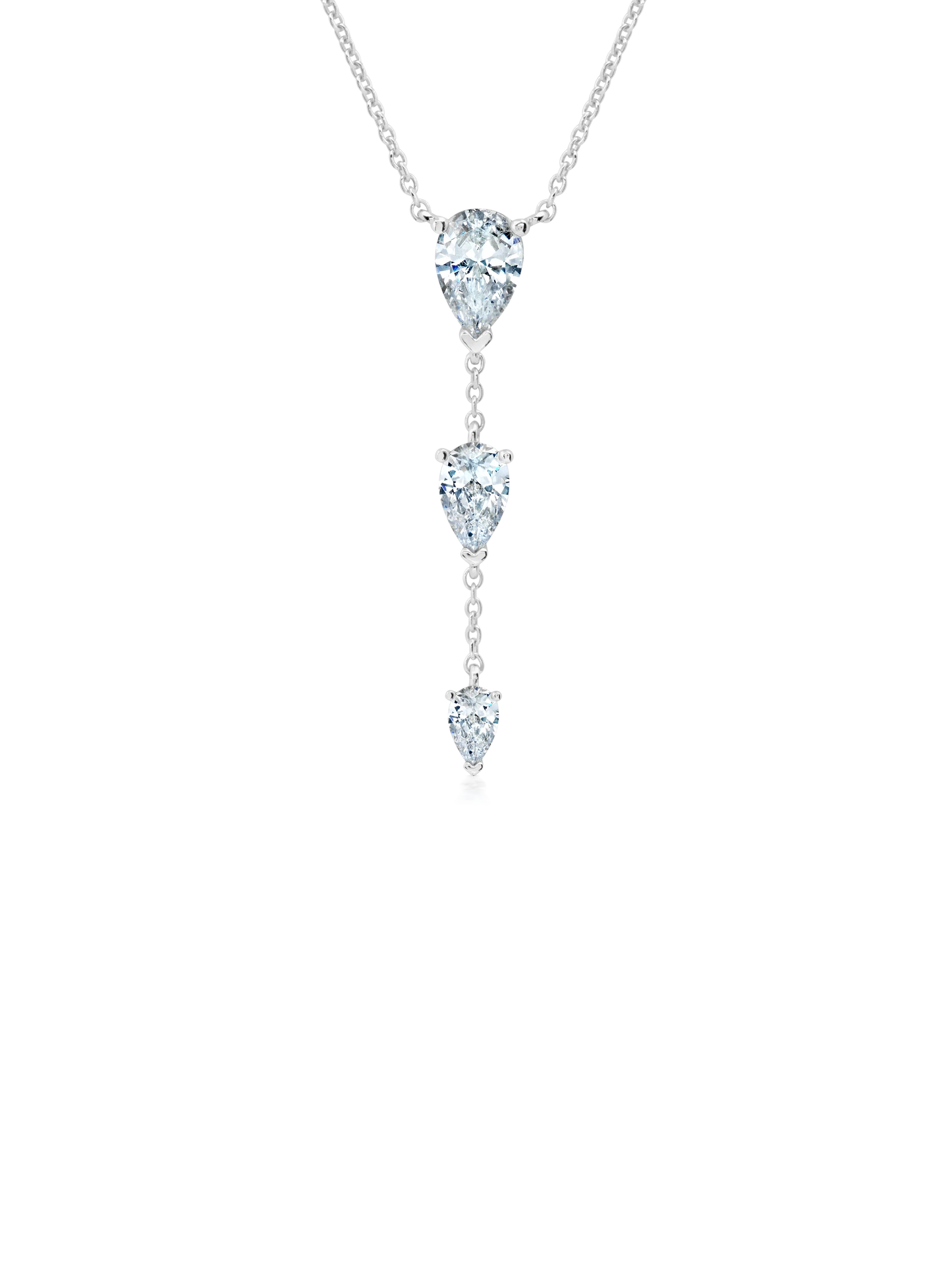 Opulent Drop 16'' Necklace With Three Pear Cut Stones Finished in Pure Platinum.