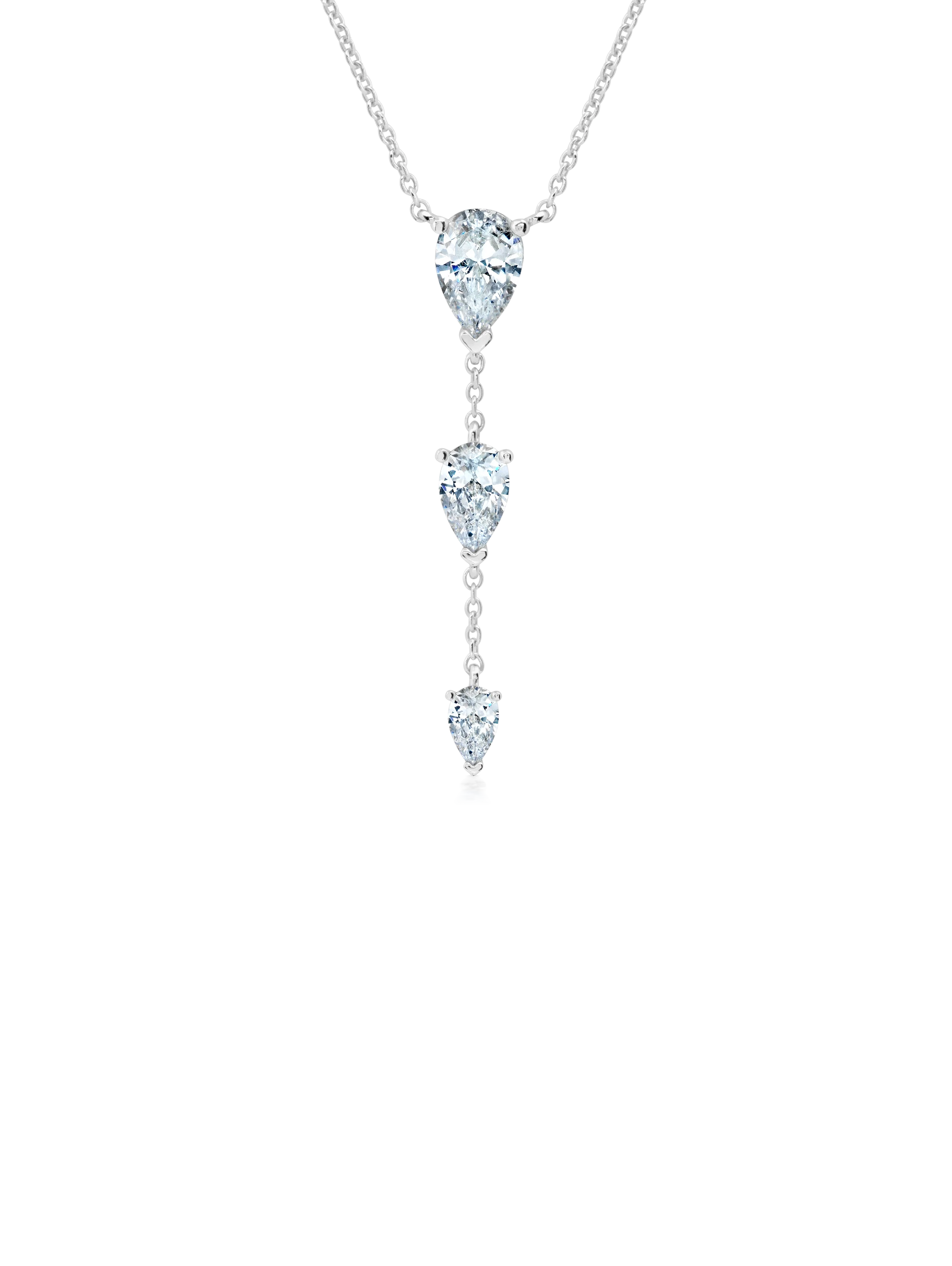 Opulent Drop 16'' Necklace With Three Pear Cut Stones Finished in Pure Platinum.