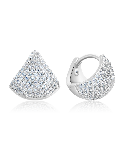 Silver Pave Fan Shape Huggie Hoop Earrings