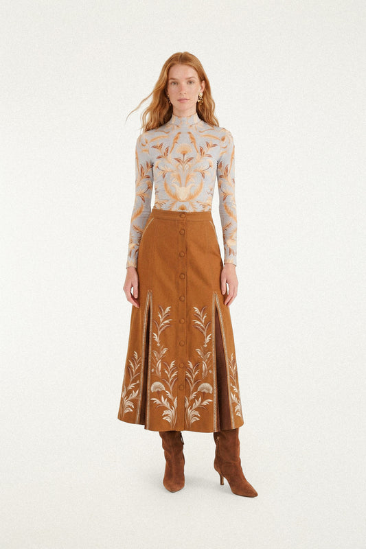 FLOWERS MIDI TWILL SKIRT