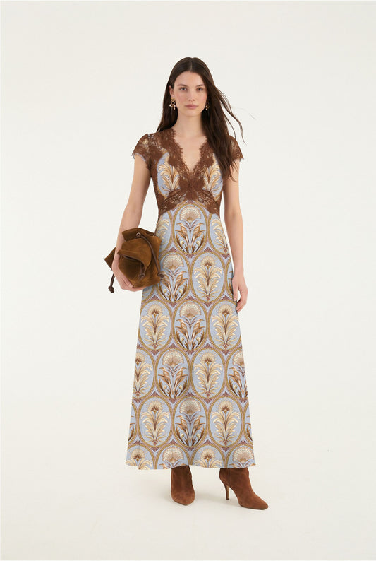BLOOMING GARDEN LIGHT BLUE SHORT SLEEVE MIDI DRESS