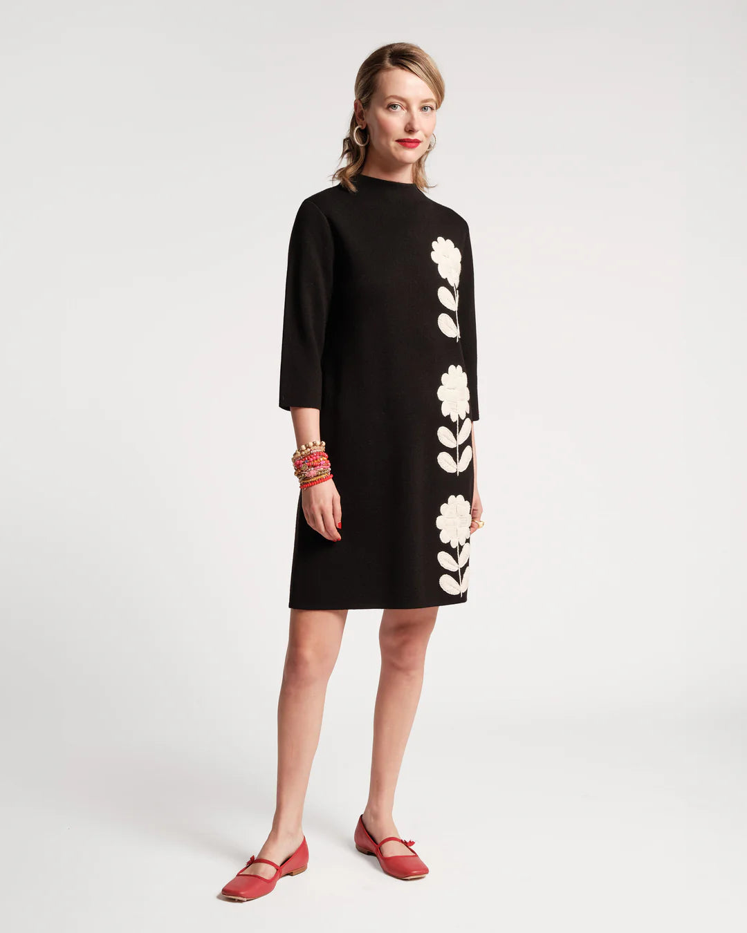 Annie Dress Posy Embroidery Merino Wool Black