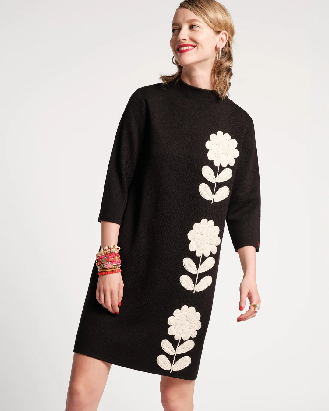 Annie Dress Posy Embroidery Merino Wool Black