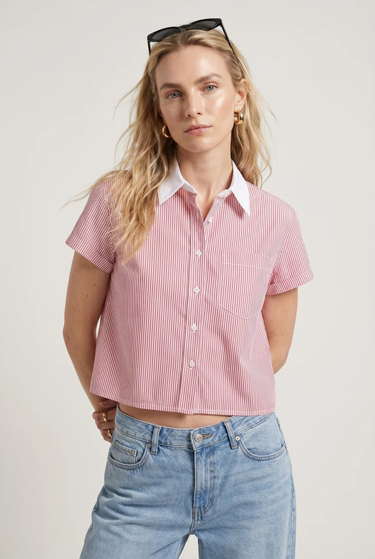 Boxy Short Sleeve Cropped Shirt - Red