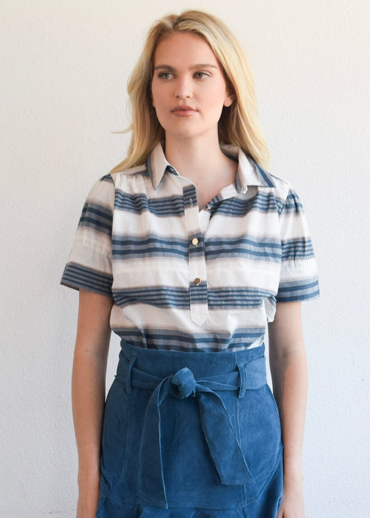 Everything Short Sleeve Top Blue and Brown Stripe