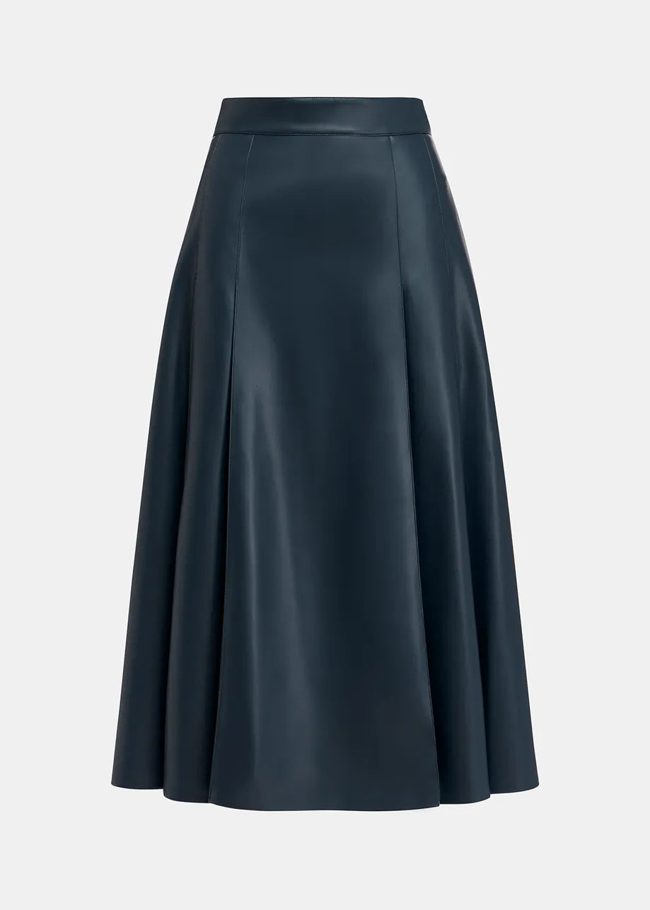 Navy blue faux leather midi skirt