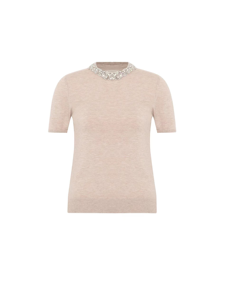 Beige Nomia Embellished Knit Tee