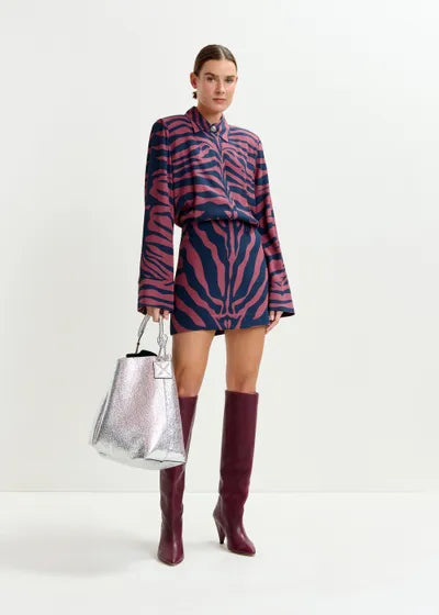 Dark pink and navy zebra-jacquard mini dress
