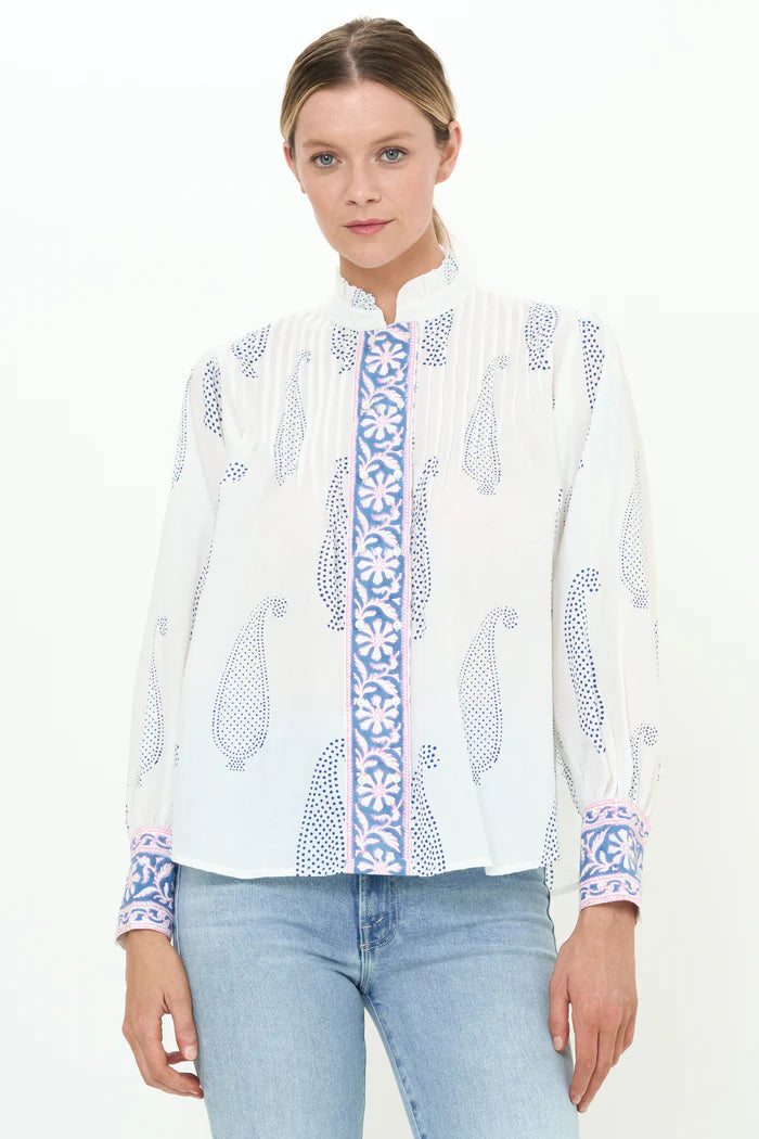 Pintuck Button Front Blouse- Aptos Blue