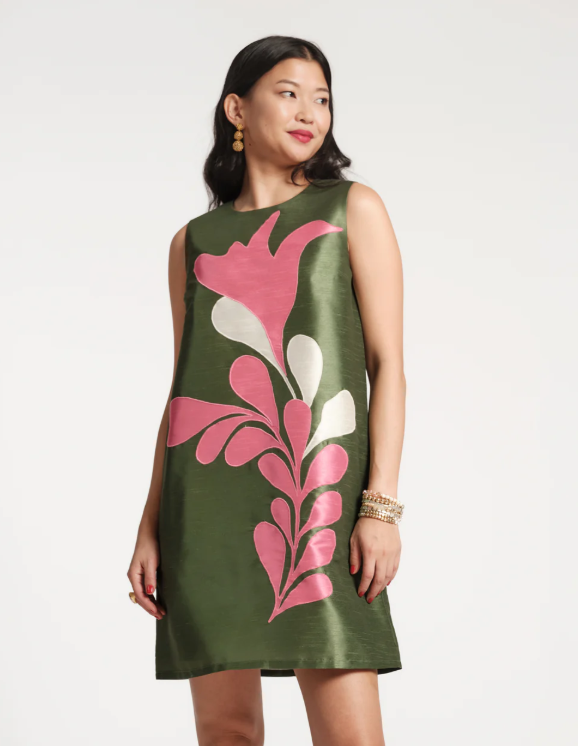 Lilly Shift Dress Modern Palm Poly Dupion Treetop/Multi
