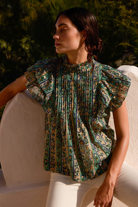 Pintuck Ruffle Top - Taj Aqua