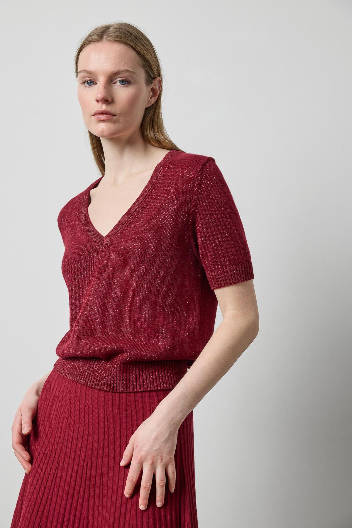 Short Sleeve Sparkle Sweater - Wineberry