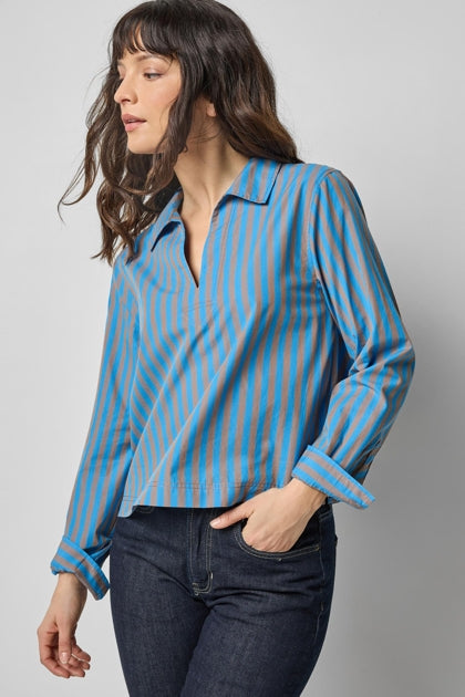 Striped Split Neck Collared Shirt