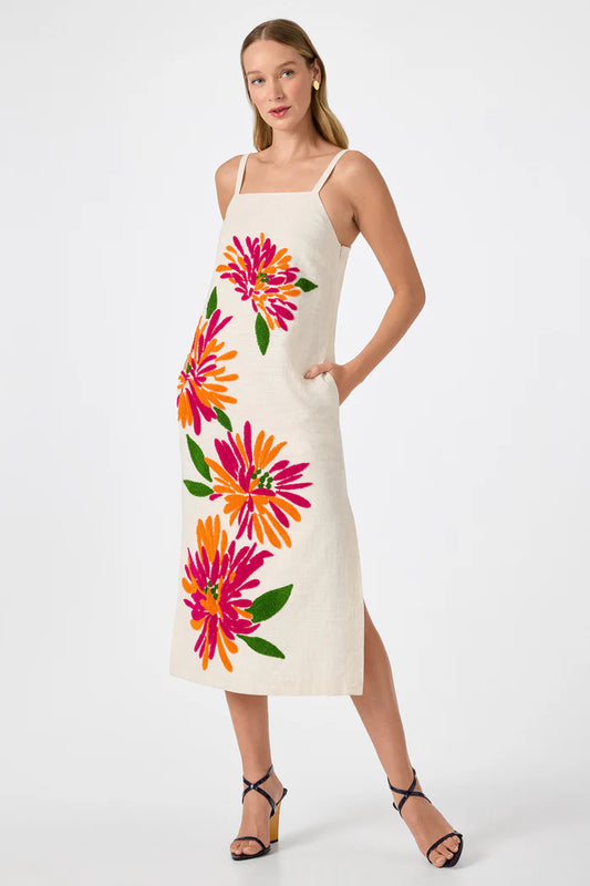 Yona Embroidered Flowers Midi Dress
