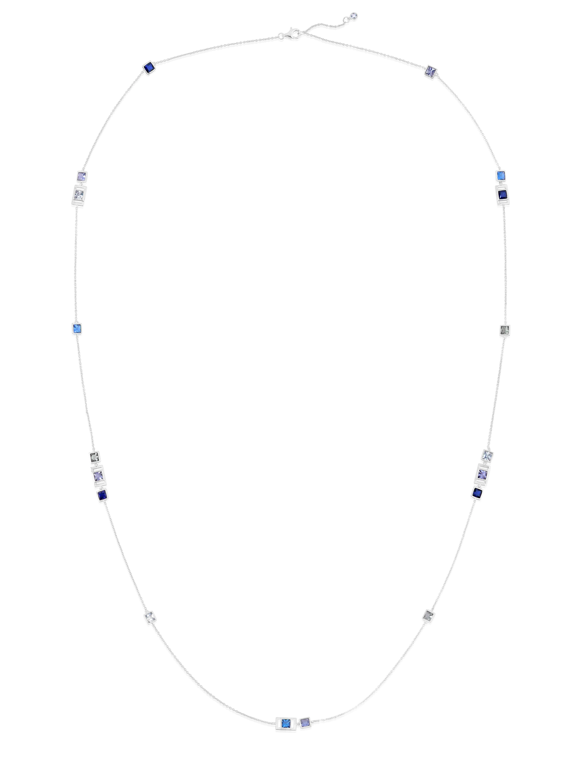 Square Princess Cut Periwinkle Colored Stone Station Necklace 34"