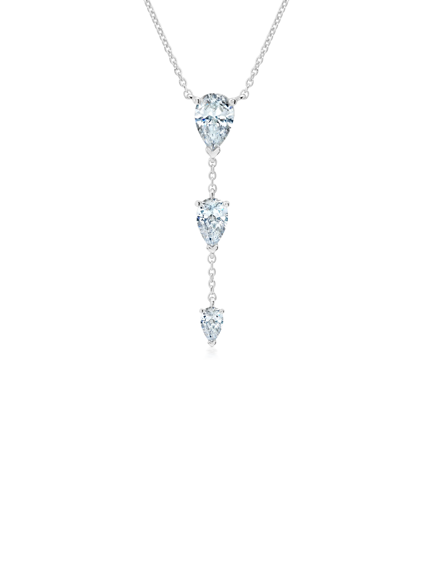 Opulent Drop 16'' Necklace With Three Pear Cut Stones Finished in Pure Platinum. 