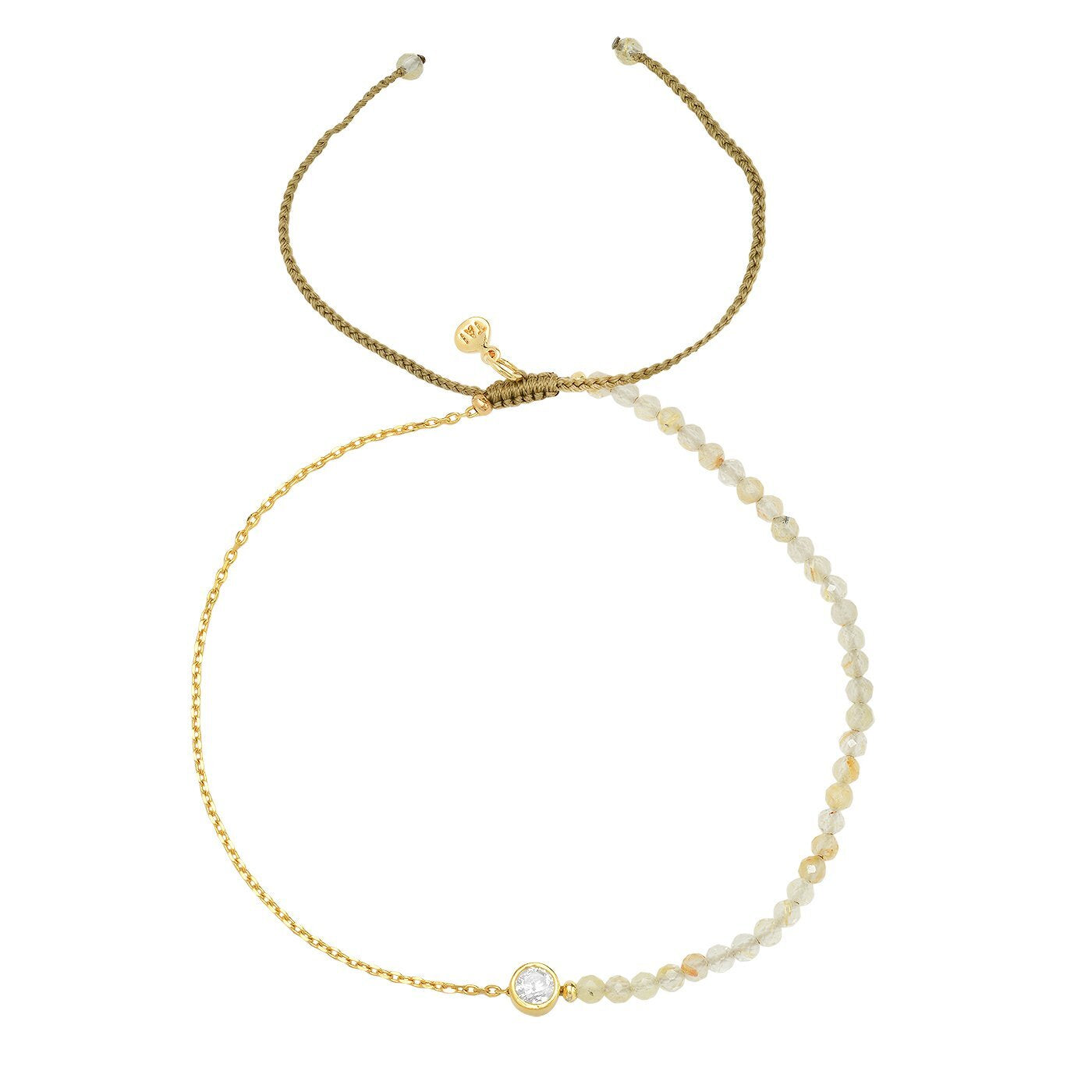 Nude woven pull-tie closure, stone beads, gold-plated brass chain