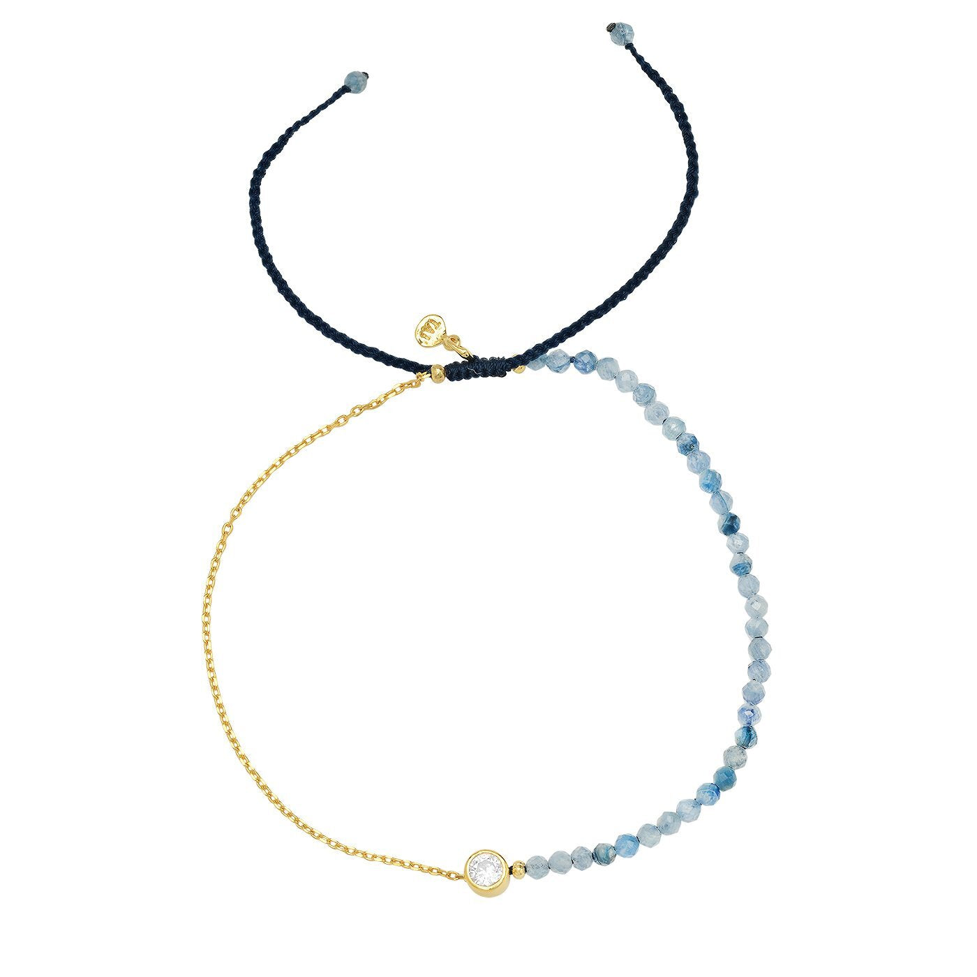 Blue woven pull-tie closure, stone beads, gold-plated brass chain