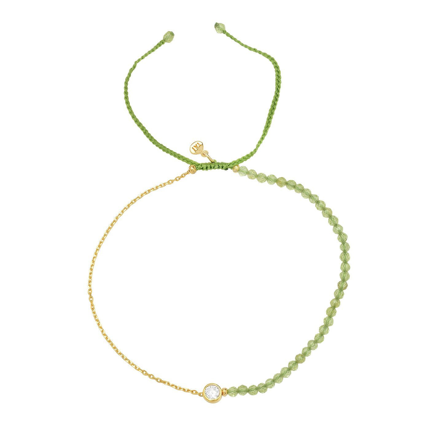 Green woven pull-tie closure, stone beads, gold-plated brass chain